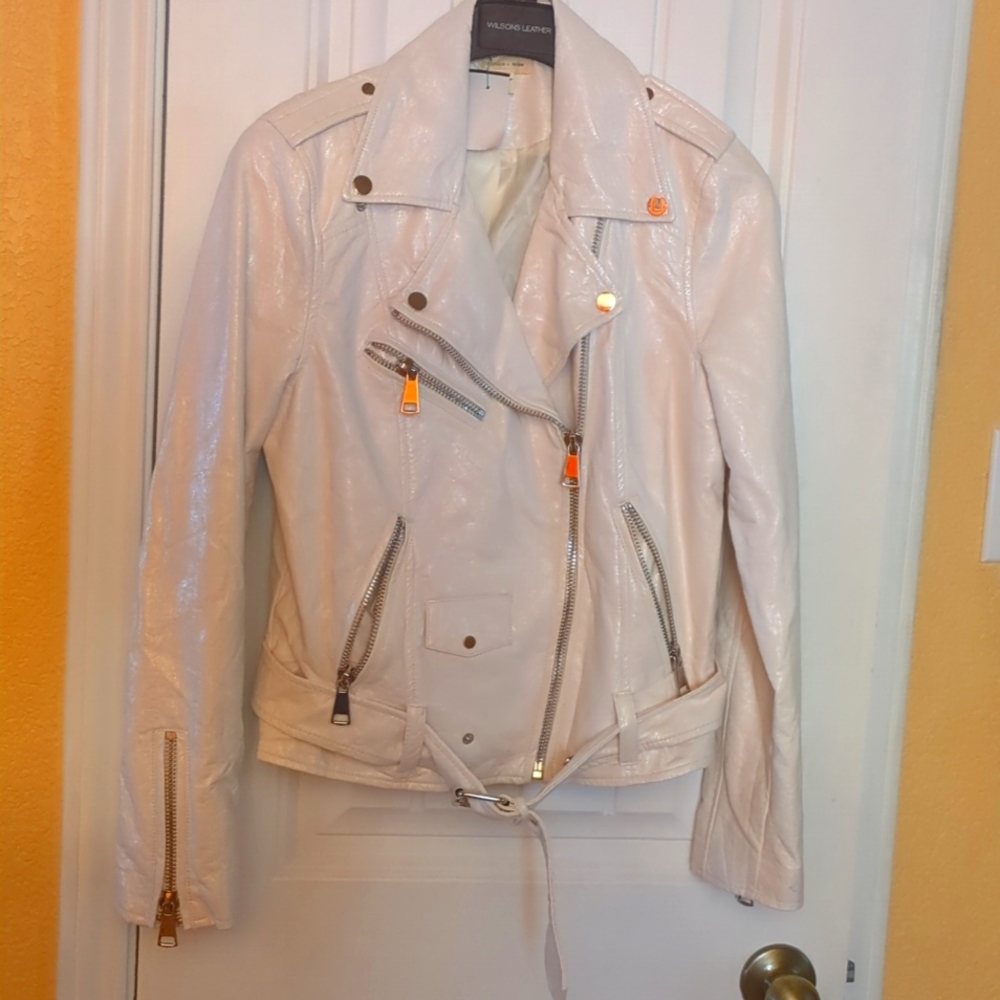 Silence & Noise White Faux Leather Biker Jacket Size M